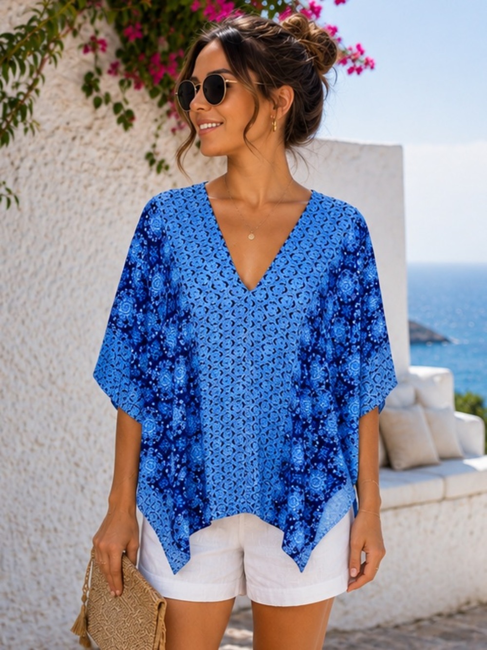 Francesca's Collections Miami Blue Mediterranean Prrint V-Neck Caftan Top M